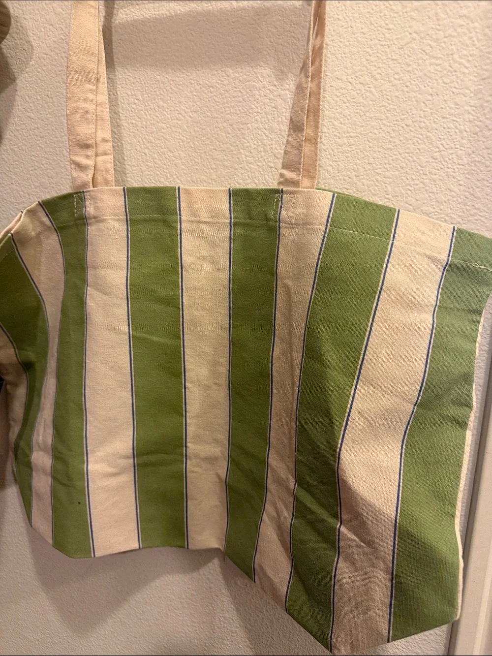 Sezane Green and Cream Striped Tote with Bold Bonjour Los Angeles Print